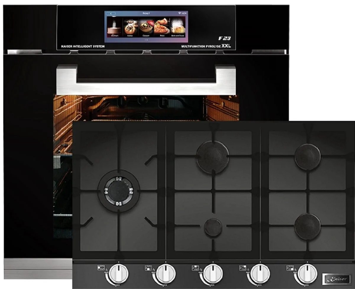 Inbouwoven - Kaiser - EH 6344 - Inbouwoven 60 cm - Zwart glas- 79 l - Air fryer- TFT - automatische braadfunctie + Gaskookplaat - KCG 9387- inbouwkookplaat , 90cm