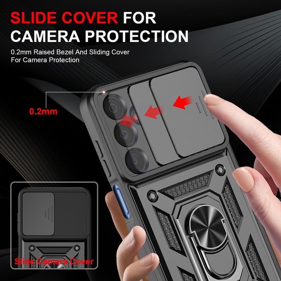 Close-up van zwarte Casemania telefoonhoes, toont schuifhoes voor camera met 0.2mm verhoging.