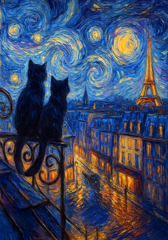 Paris Cats Poster – A3 (30 x 40 cm) – Met Zwarte Lijst – Romantische Nacht in Parijs – Katten & Eiffeltoren Wanddecoratie -Vincent van Gogh Style