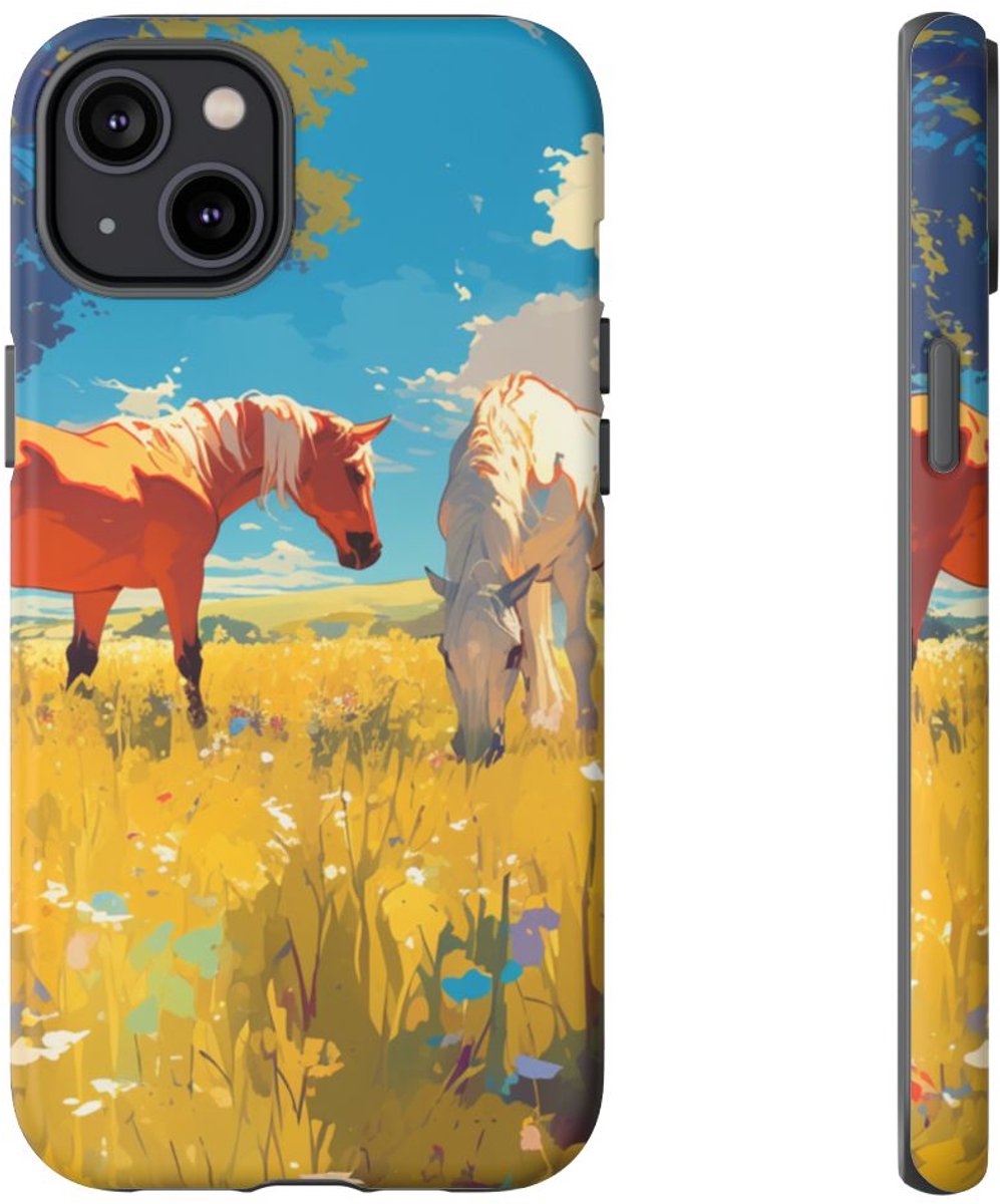 Paarden Grazend in Zonnig Veld – Telefoonhoesje Geschikt voor iPhone 14 Plus