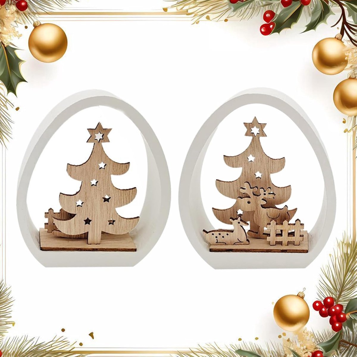 Thuys – Winterse Houten – Kerstboom Decoratie – Miniatuur Rendier Scène – Voor Tafel En Bureau