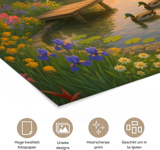 Poster 160x120 cm - Eenden - Vijver - Bloemen - Posters - Kamer decoratie - Wanddecoratie woonkamer - Muurdecoratie slaapkamer XXL