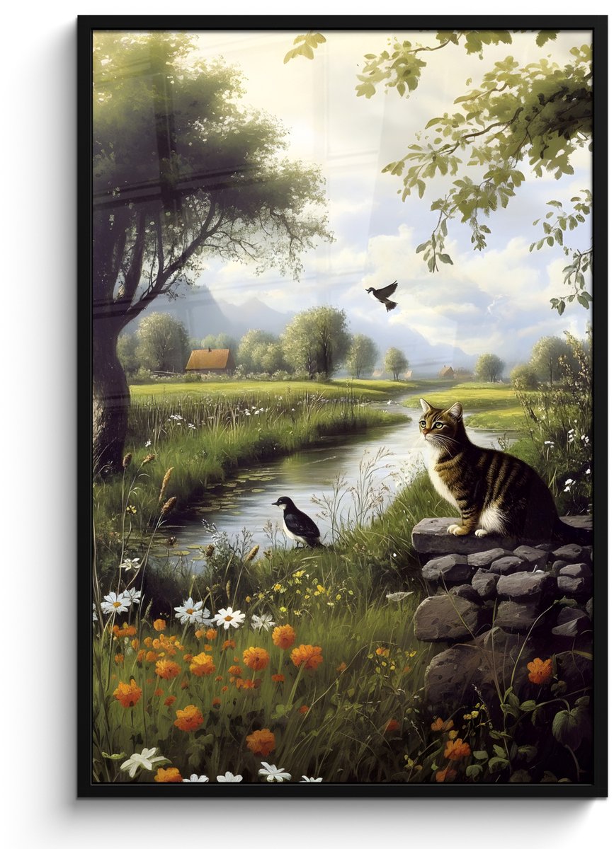 FrameYourWall Poster in lijst - Fotolijst 80x120 cm - Posters - Kat - Beekje - Weide - Posterlijst zwart - Decoratie - Wanddecoratie woonkamer - Muurdecoratie slaapkamer Kat - Natuur