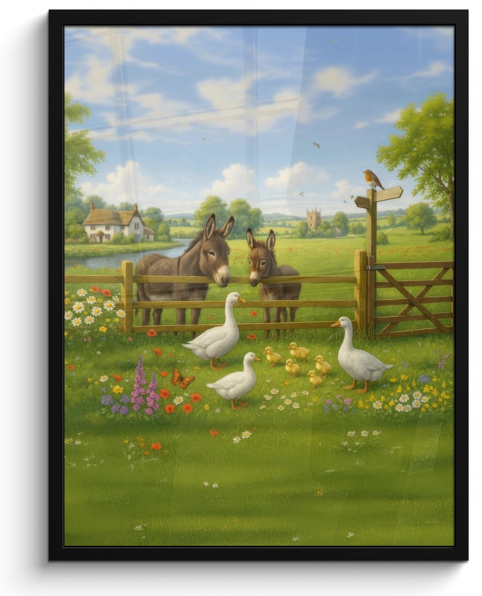 FrameYourWall Poster in lijst - Fotolijst 60x80 cm - Posters - Ezels - Ganzen - Kleurrijk - Posterlijst zwart - Decoratie - Wanddecoratie woonkamer - Muurdecoratie slaapkamer