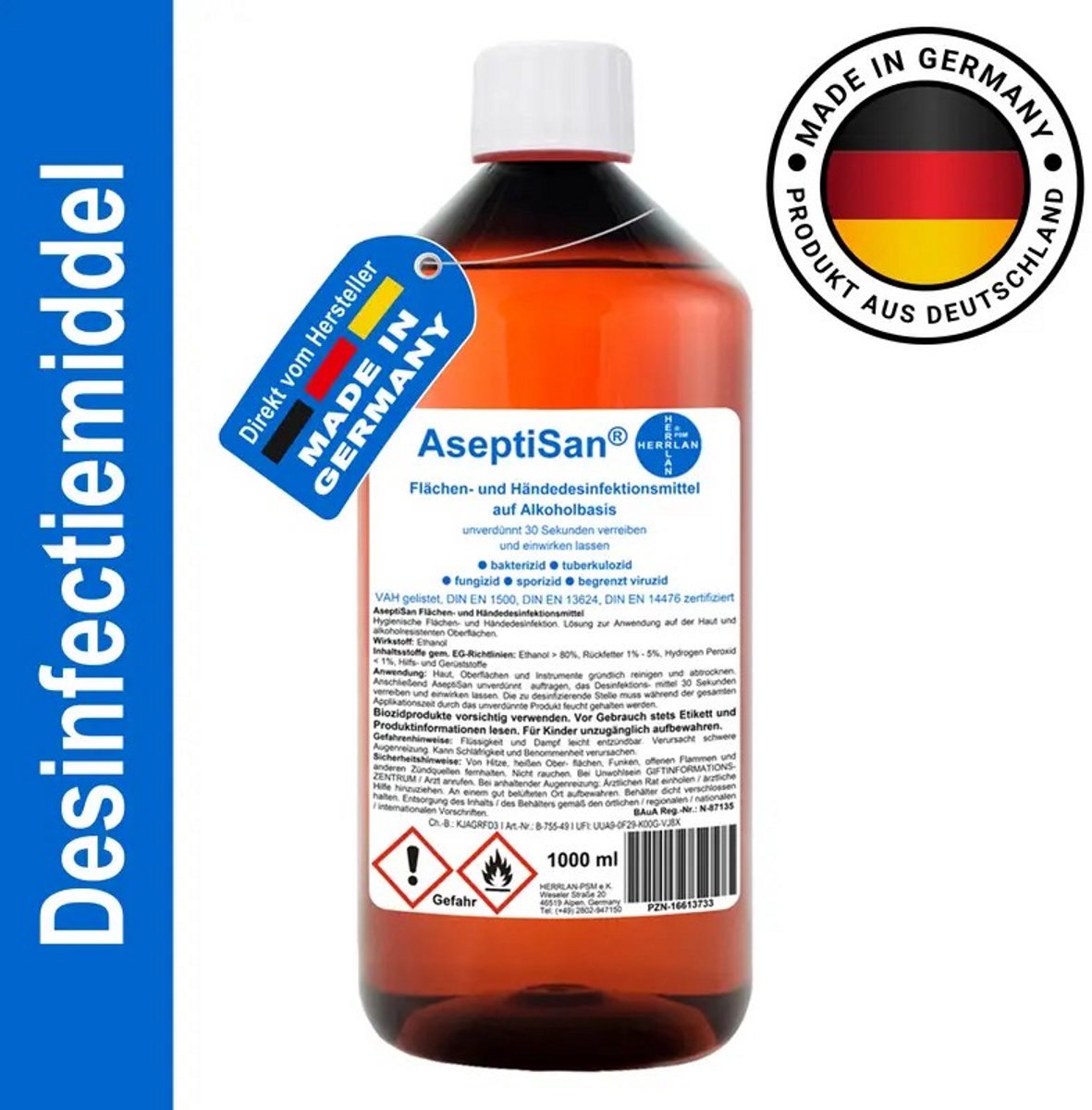 K&R Ventures® AseptiSan - Desinfectiemiddel - 1 liter Handdesinfectiemiddel - 80% Alcohol - alcohol gebaseerde handdesinfectie- en oppervlakte- desinfectiemiddel voor toepassing op huid en alcoholbestendige oppervlakken