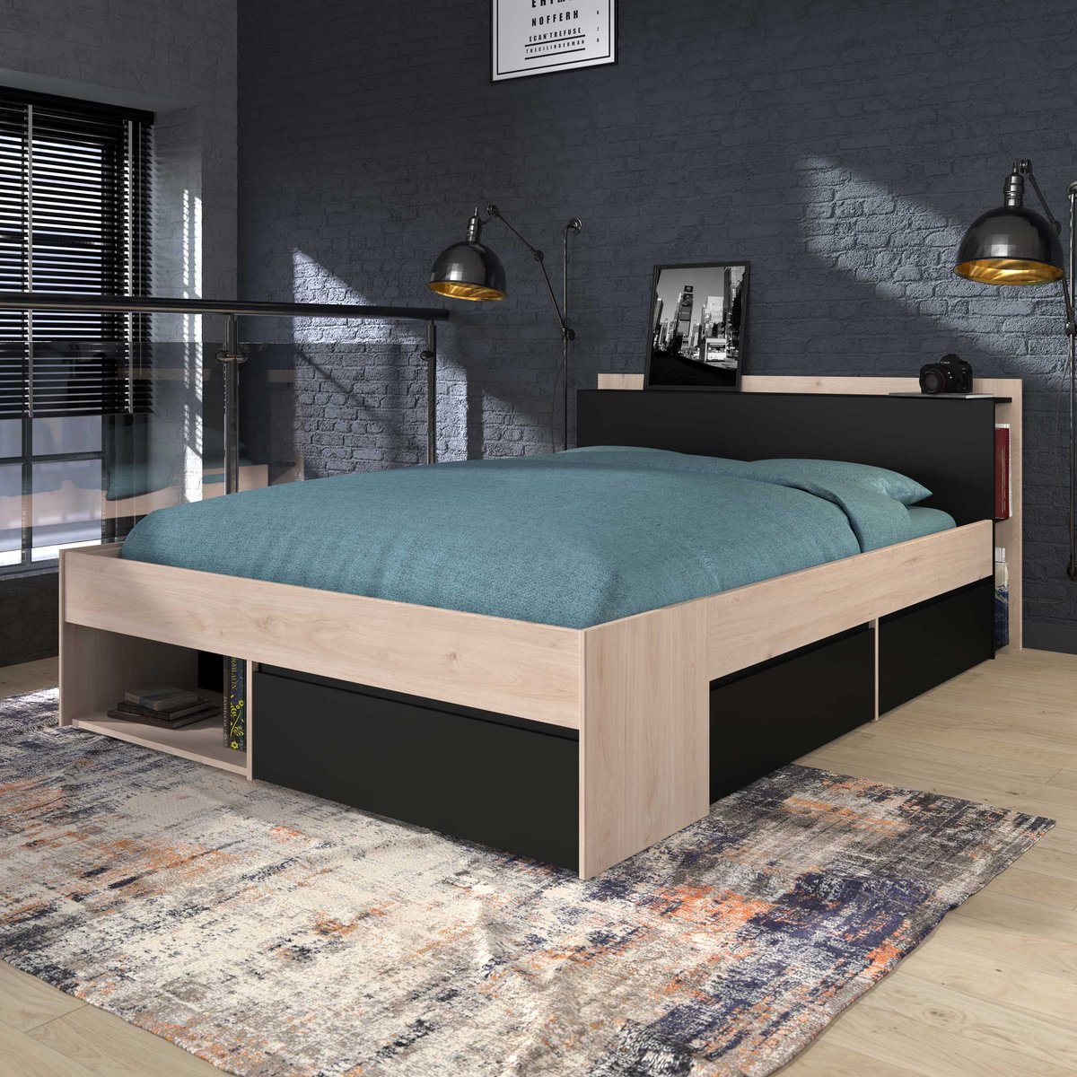 Bed Most 140x190/200cm Met Lades - Zwart - Parisot - Tweepersoons Bedkader - Bruin; Zwart - Spaanplaat Tweepersoons Normaal Bed