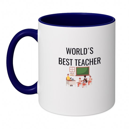 Tasse blanche avec intérieur et anse bleu foncé. Texte : WORLD'S BEST TEACHER et illustration d'une salle de classe.