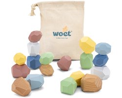 foto van Woet® Houten Balansblokken - 18-delige Stapelstenen Set - Montessori Stapelspeelgoed met handige Opbergzak - FSC - Vanaf 18 Maanden