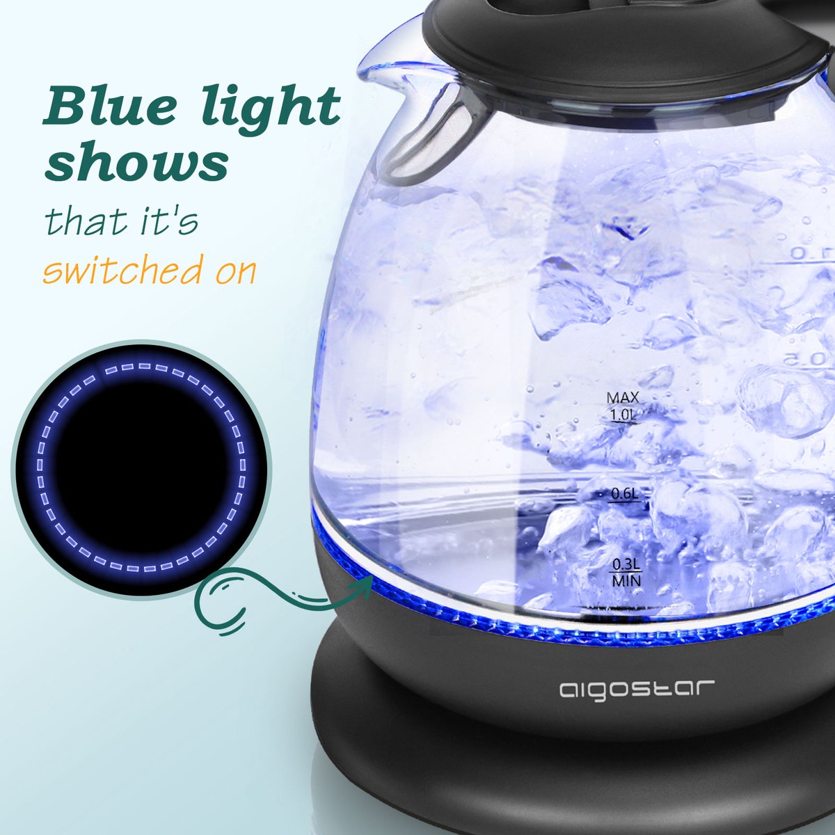 Aigostar Waterkoker glas 1 Liter - watekokers klein met LED - 360° draaibaar - Zwart - Elfin 30IAX — afbeelding 2