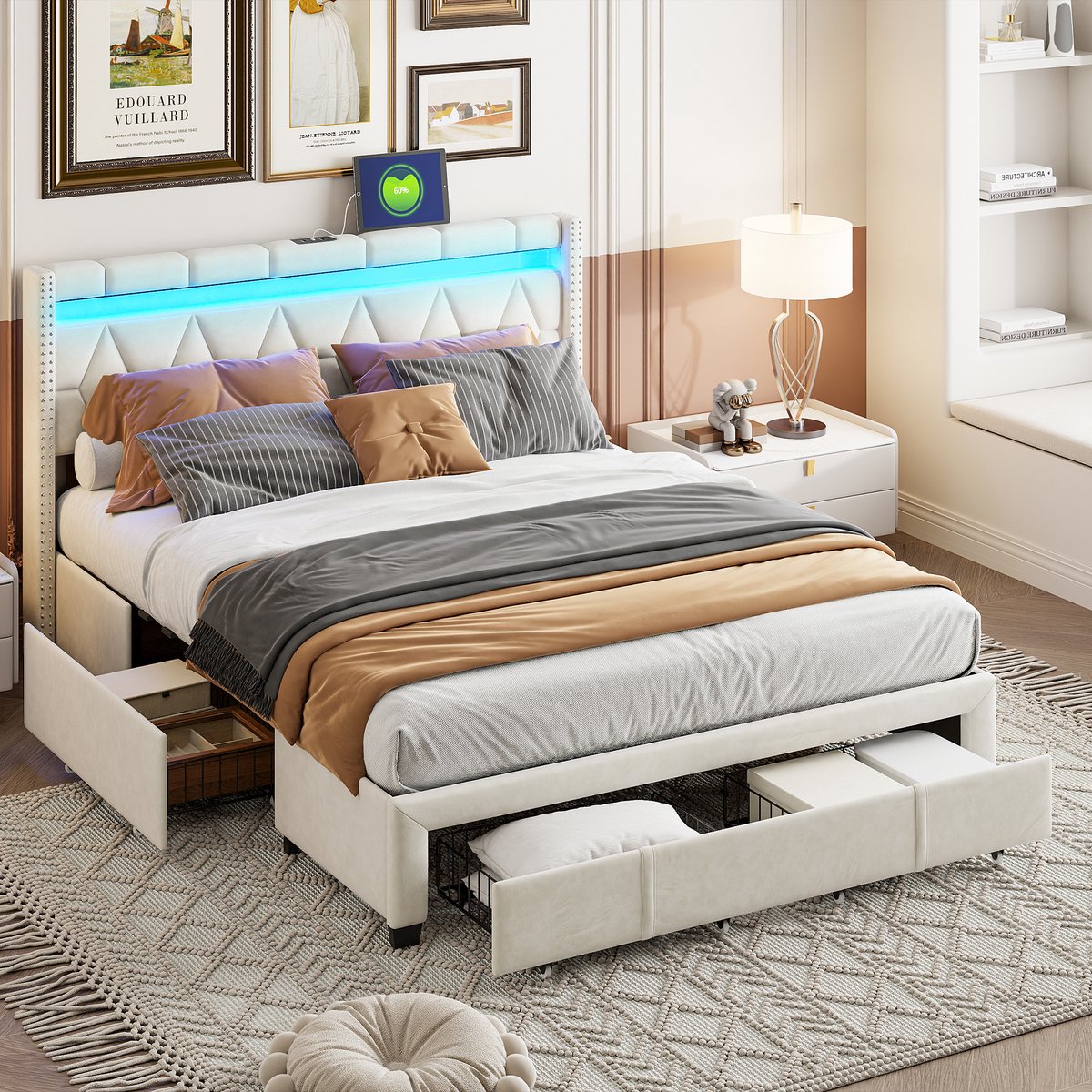 Gestoffeerd bed tweepersoonsbed 160x200 met LED-hoofdbord en USB-poort, opbergbed met 4 opbergladen, bedframe met lattenbodem en bedbodem, linnen, beige(Zonder matras)