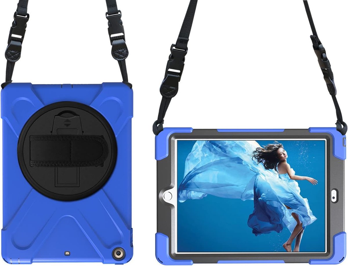 iPad 10.2 - platte beschermhoes met schouderriemen Valbestendig - blauw