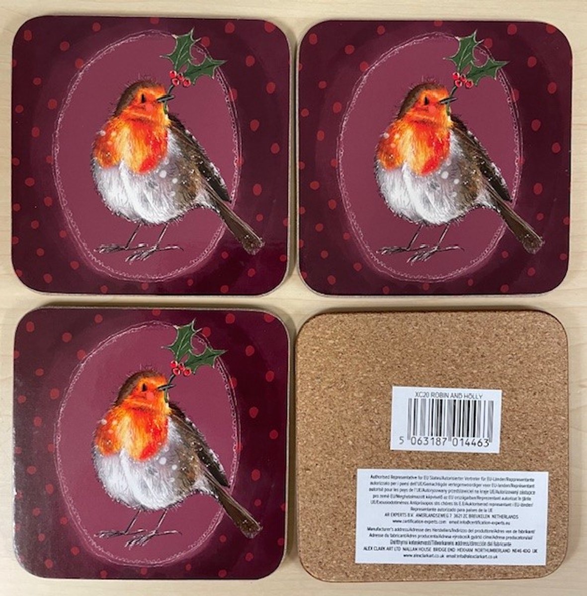 Alex Clark Onderzetters Robin & Holly ~ Roodborstje Kerst/winter