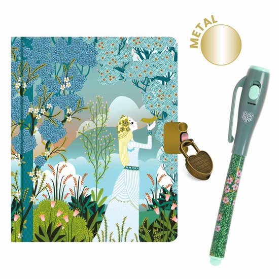 Dagboek met Charlotte-illustratie in blauwe en groene bosrijke omgeving, met antiek gouden slot en sleutel. Mintgroene pen met bloemenprint.