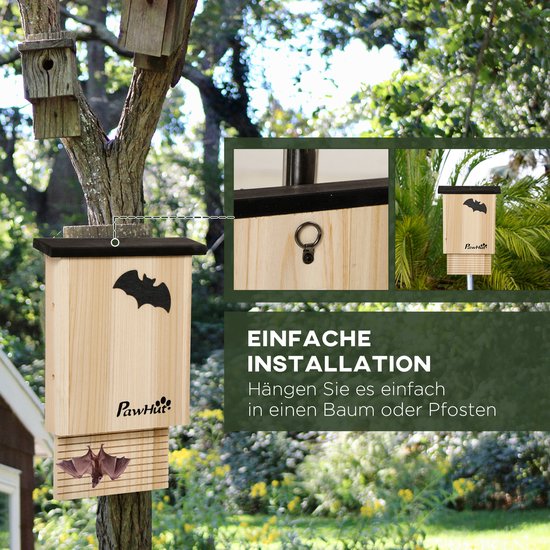 PawHut Fledermauskasten 3er- Set, Fledermaushaus, Nistkasten für Fledermäuse, Fledermausbox zum Aufhängen für Summer, Winter, Tannenholz, 25 x 6 x 37,5 cm, Naturel