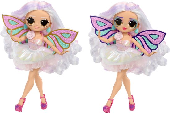 Twee poppen met vlindervleugels en roze jurken, één met normale en één met verdrietige gezichtsuitdrukking.
