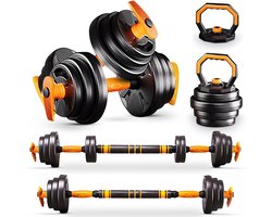 Gewichten Set voor Dumbbells Barbell en Kettlebells - 20KG Verstelbare Halterset met Extra Veiligheidsmoer & Slot - Thuis Fitness