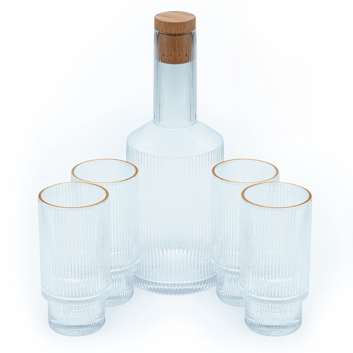 Intirilife glazen karaf set karaf met kurk en 4 glazen met gouden rand - karaf inhoud 1,7 liter - glazen inhoud 260 ml - kristallen kan karaf drinkglas voor water ijsthee wijn sap