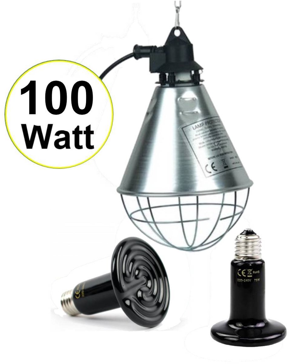 UniEgg® Armatuur compleet met 100 watt keramische warmtelamp XL (10cmx7,5cm)- zwart - E26 - warmtelamp - broedlamp - biggenlamp - voor keramische warmtelamp - porseleinen fitting - compleet met 2.5 meter snoer