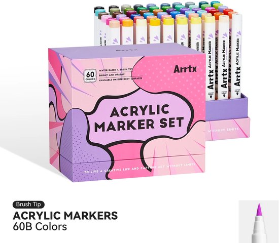 Arrtx - Acrylmarkers - 60B - Paint Brush Tip Markers - 60 kleuren