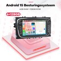 Android 15 stereo met 6+128GB geheugen op een roze platform. Scherm toont Carplay interface.