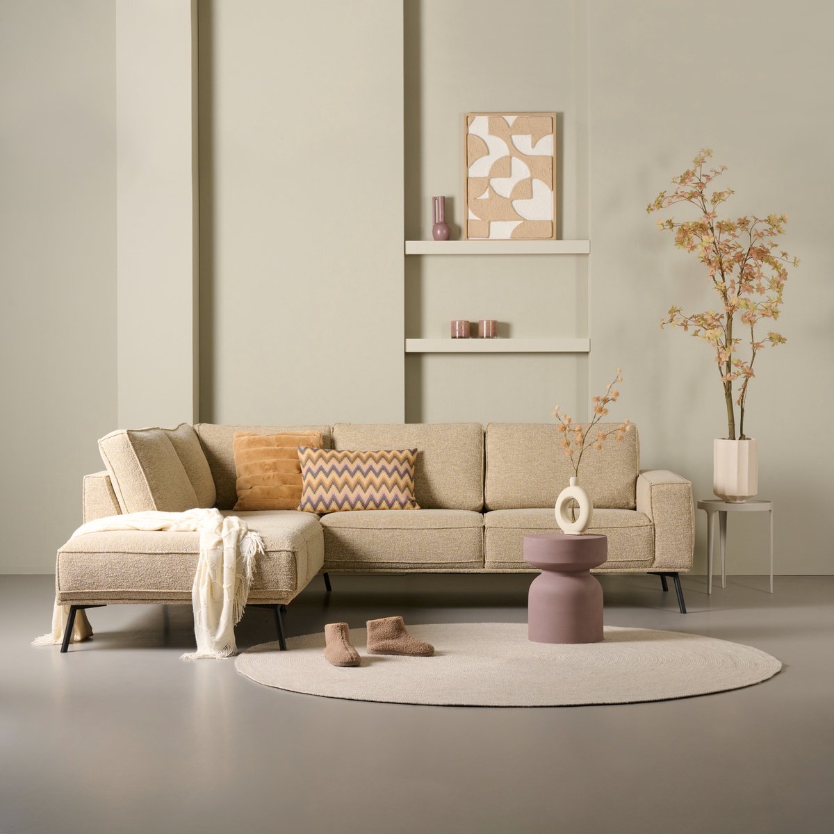 Woonexpress Hoekbank Alford - Textiel - Zand - 260x85x208 cm - Divan Links - Zwarte Poten Beige
