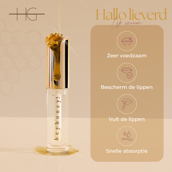 Lip serum met "hey honey!" op de tube, met druipende honing. Kenmerken: Zeer voedzaam, beschermt de lippen, vult de lippen, snelle absorptie.