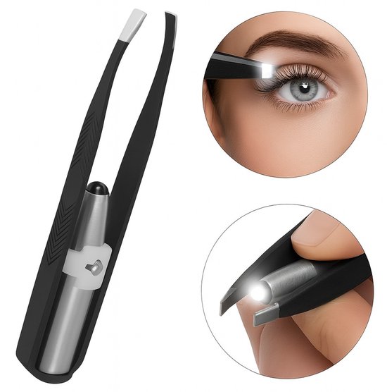 Wenkbrauw Epileer Pincet Met LED Lampje I Wenkbrauw Ontharen I Gezichtshaar Verwijderen I 8,5 CM I RVS I Zwart