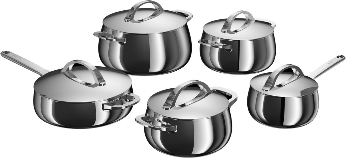 BergHOFF Home Pannenset RVS – 10-delig Kookpannenset met Deksels - PFAS-Vrij – Steelpan Ø16cm – Kookpot Ø18/20/24cm – Hapjespan Ø24cm – Geschikt voor Inductie, Gas, Elektrisch en Keramisch – Oven- en Vaatwasserbestendige Kookpannen - Stellar Steel