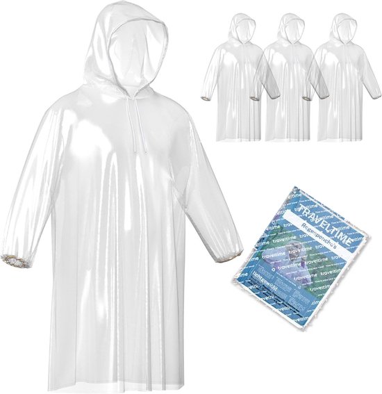 TravelTime® - Regenjas - Regenponcho – Capuchon met Aanrijgkoord - Manchetten Strakker - Draagbaar – Wegwerp – Herbruikbaar – Transparant – 4 Sutks