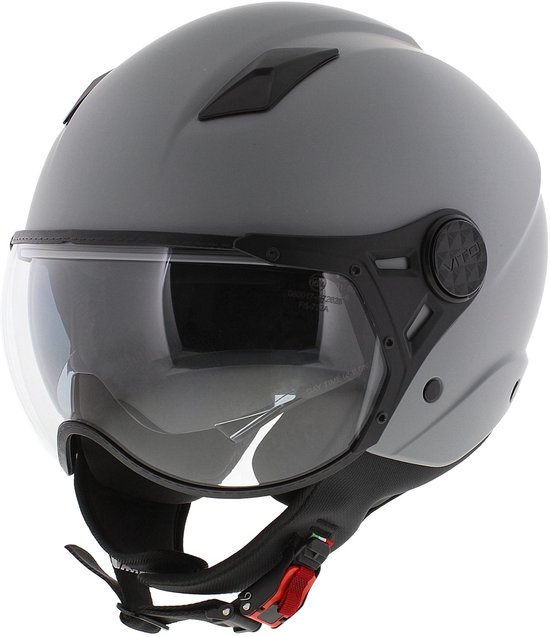 Casque jet Vito gris mat avec visière et pare-soleil, vue de côté.