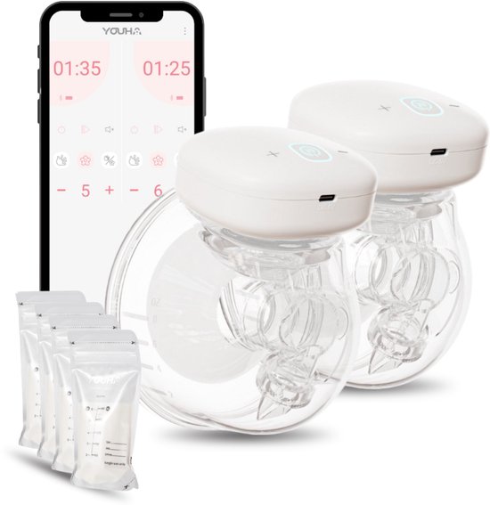 Youha Dubbele draadloze borstkolven + App - Maat 24mm - Hands Free - Draadloos - Draagbare Borstkolf - Comfort Borstvoeding - Moedermelk - Borstvoeding - Handmatig en met app - Gen 1 - 2x 240ML cups - Inclusief E-book over borstvoeding en kolven!