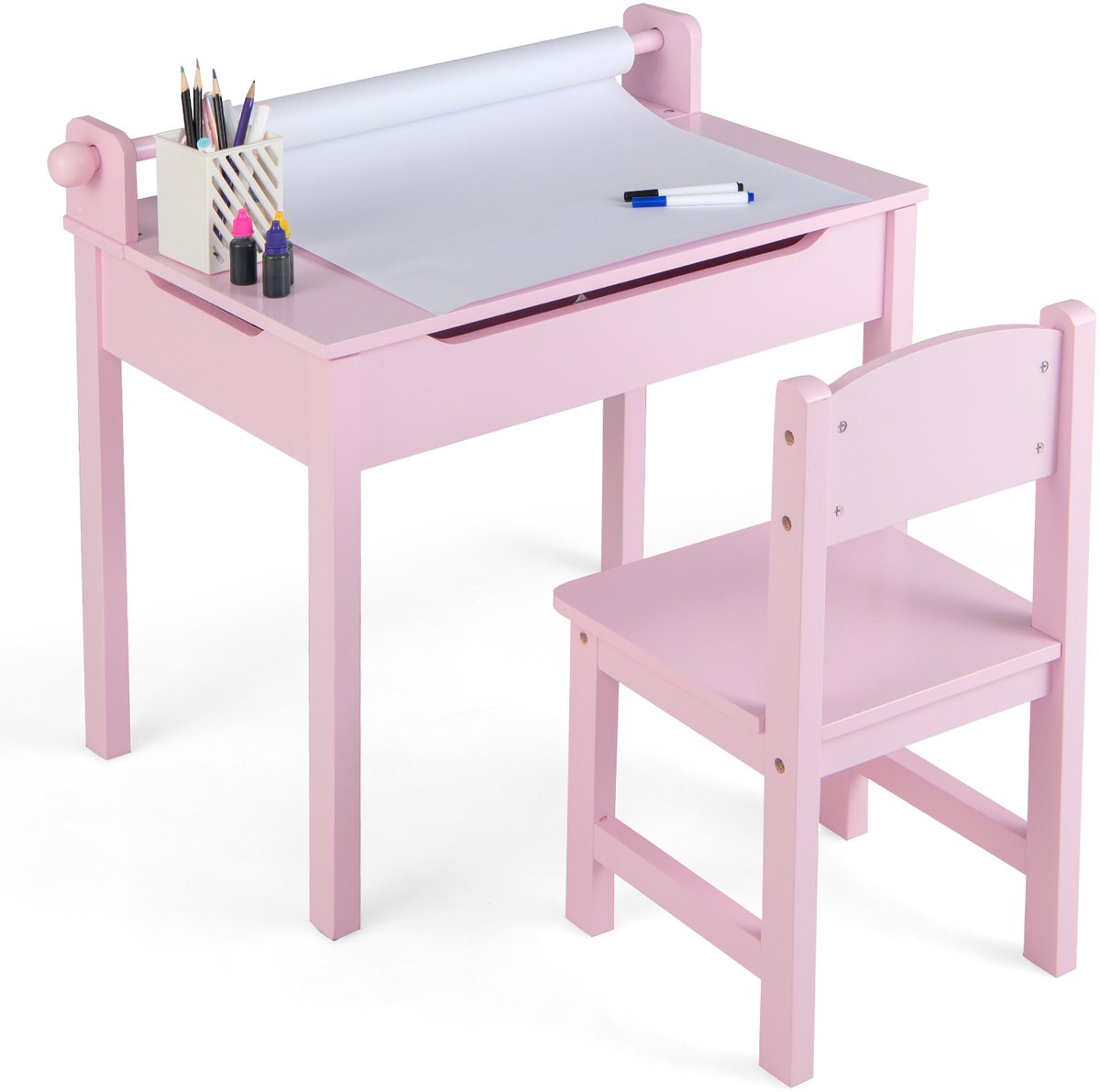 COSTWAY Kinderbureau met stoel, kindertafel met inklapbaar tafelblad, jeugdbureau met papierrolhouder en markeerstiften, schoolbureau voor kinderen vanaf 3 jaar (roze)