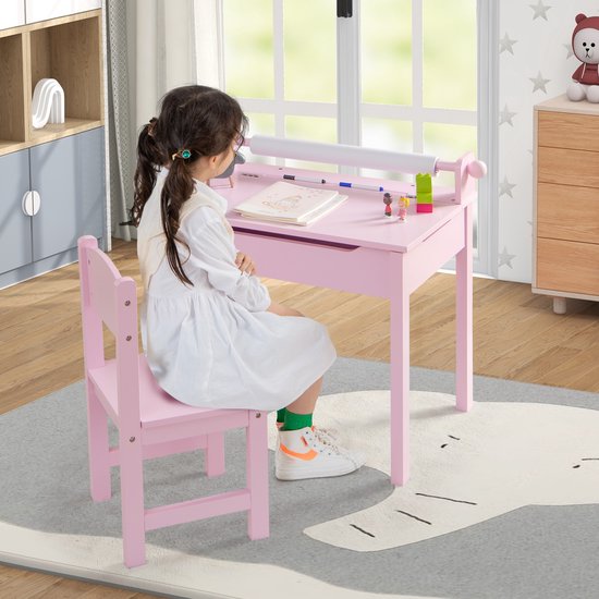COSTWAY Kinderbureau met stoel, kindertafel met inklapbaar tafelblad, jeugdbureau met papierrolhouder en markeerstiften, schoolbureau voor kinderen vanaf 3 jaar (grijs