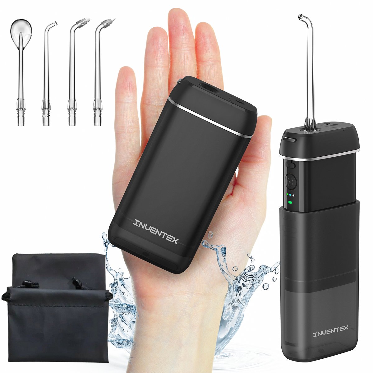 Inventex Waterflosser - Monddouche - Flosapparaten - Mini - Draadloos en Oplaadbaar - 4 Mondstukken - Zwart - 5.3 inch