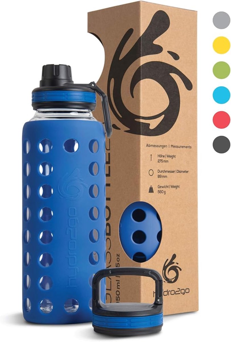 hydro2go® glazen drinkfles 550 ml – BPA-vrij – 2 doppen – lekvrij – met siliconen hoes – vaatwasserbestendig