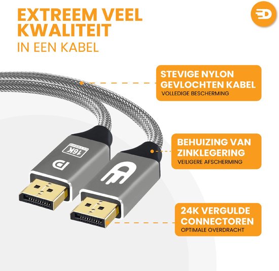 Zilverkleurige DisplayPort-kabel met gevlochten nylon omhulsel en zinken legering behuizing. Tekst: Stevige nylon gevlochten kabel, Volledige bescherming, Behuizing van zinklegering, Veiligere afscherming, 24K vergulde connectoren, Optimale overdracht.