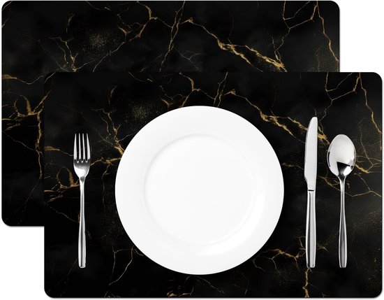 Napperons - 6 pièces - 45x30 cm - Set de table en plastique - Marbre Zwart - Veines dorées - Classique - Dessous de Assiettes - Décoration de table - Accessoires de décoration de table de Cuisine - Dessous de verre en Vinyl - Décoration de table