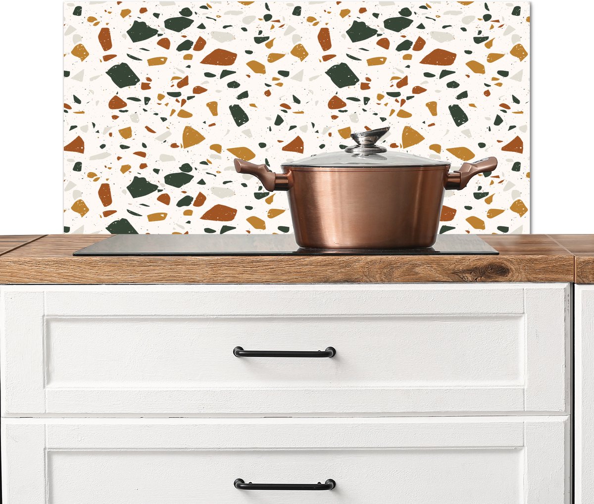 Spatscherm keuken 90x45 cm - Kookplaat achterwand Terrazzo - Patroon - Wit - Terra - Muurbeschermer - Spatwand fornuis - Hoogwaardig aluminium