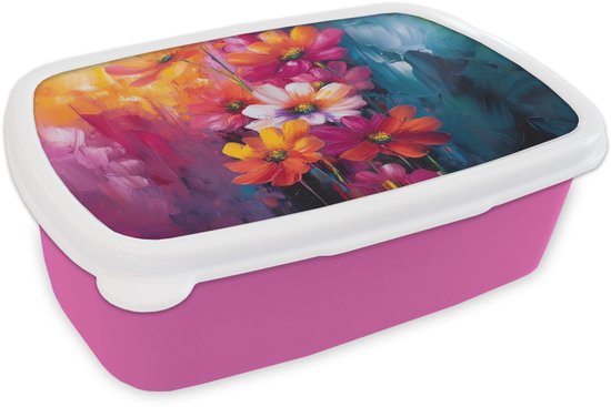 Broodtrommel Roze - Lunchbox Felle bloemen - Dynamisch - Levendig - Brooddoos 18x12x6 cm - Brood lunch box - Broodtrommels voor kinderen en volwassenen