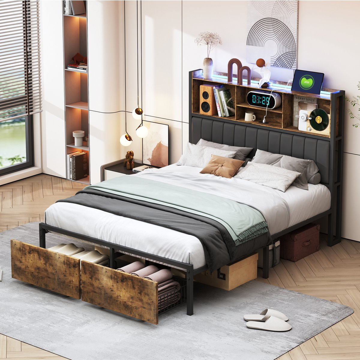 Metalen bedframe 160x200 cm met 2 laden opbergruimte, LED-hoofdbord met USB-aansluiting, gestoffeerd bed Tweepersoonsbed Bedframe van metaal met lattenbodem, Vintage Bruin +Zwart