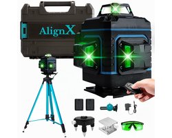 AlignX Kruislijnlaser met Statief - 4D Zelfnivellerende Bouwlaser - 16 Lijnen - 360° Groene Lijnlaser - Laser Waterpas - 50 Meter - 2 Accu's - Complete Set
