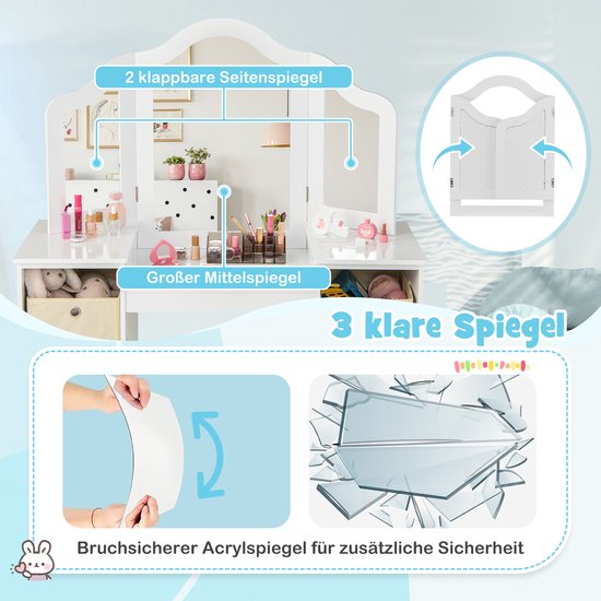 COSTWAY Make-uptafel voor kinderen, wolkvormig, 2-in-1 kaptafel met kruk, houten make-upkam met spiegel, kast en 2 laden, make-uptafel voor meisjes van 3 tot 7 jaar, wit