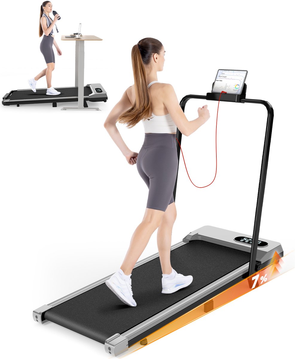 Afbeelding 3 van 3 in 1 Opvouwbare Loopband - Loopband met 7% helling - Wandelpad 1-8 km/u verstelbaar - 2,5 pk motor - Oppervlak 38,5 x 94 cm - Zilver