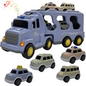 Speelgoed vrachtwagen 33cm met licht en geluid en vier kleine autootjes - oplegger - speelgoed truck - licht blauw - ONELIV