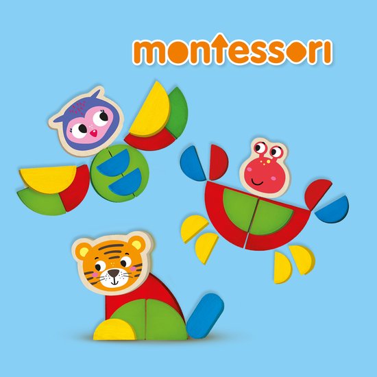 SES Creative 14063 Montessori Speelgoed - Dieren vormen naleggen - Opdrachtenkaarten en houten onderdelen om figuren na te leggen - stapelen en vormen maken