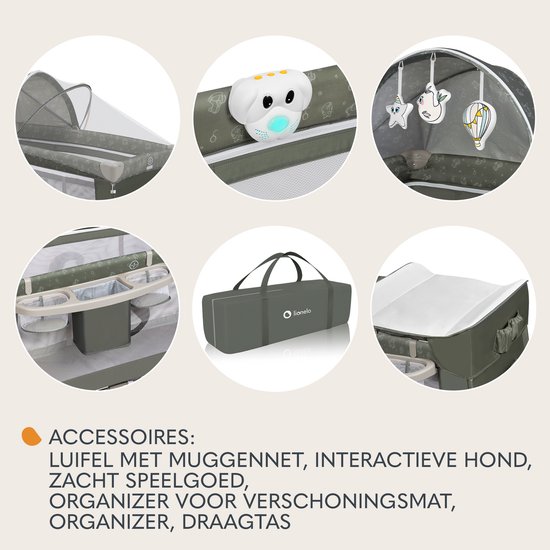 Collage van reisbedaccessoires: commode, interactieve hond, organizer, draagtas.