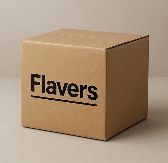 Een bruine kartonnen doos met het woord 'Flävers' in zwarte letters.