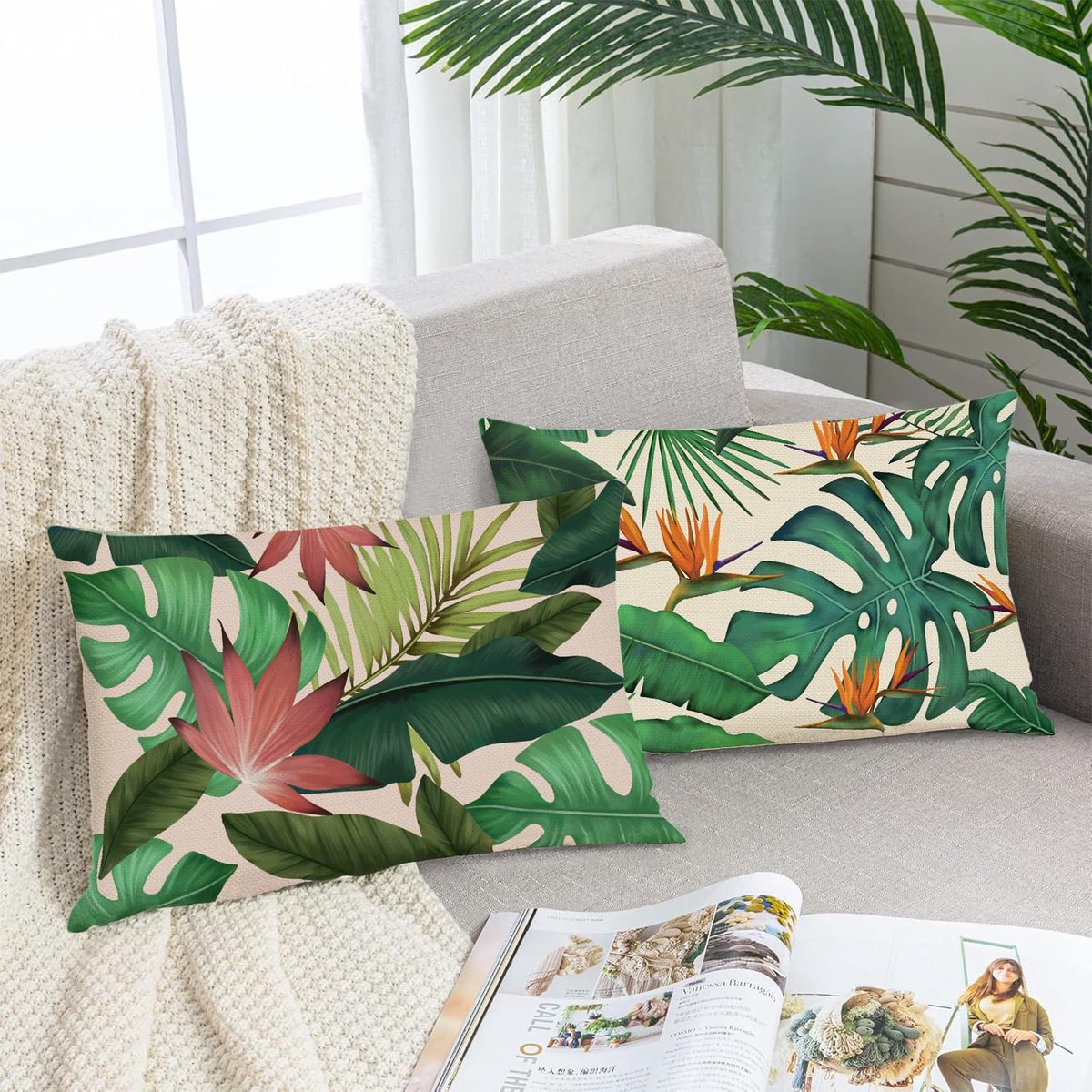 Ibenzoa Set van 4 decoratieve kussenslopen met tropische bladeren voor binnen- en buitendecoratie kleur 10