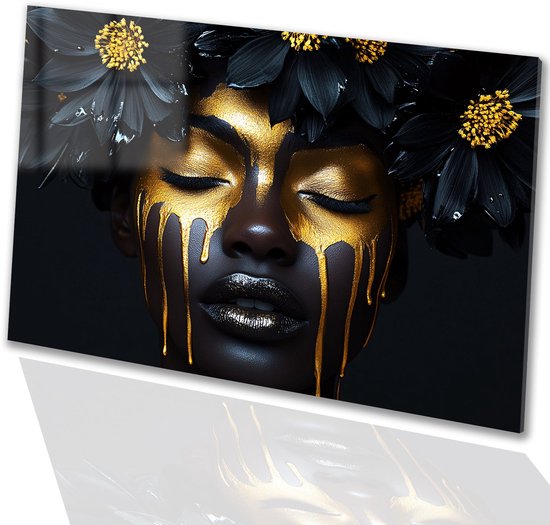 Femme africaine avec art doré - Portrait peinture sur verre - Art mural visage - Surréalisme - Peintures sur plexiglas - Peinture d'art - verre acrylique 105x70 cm