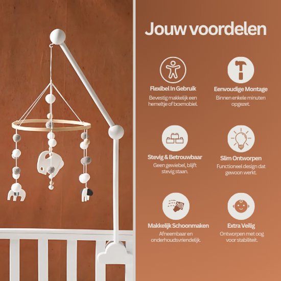 Gift of Nature Piekstok– Witte mobielhouder & piekstok - Houten standaard voor baby mobiel - Geschikt voor ledikant & wieg — afbeelding 5